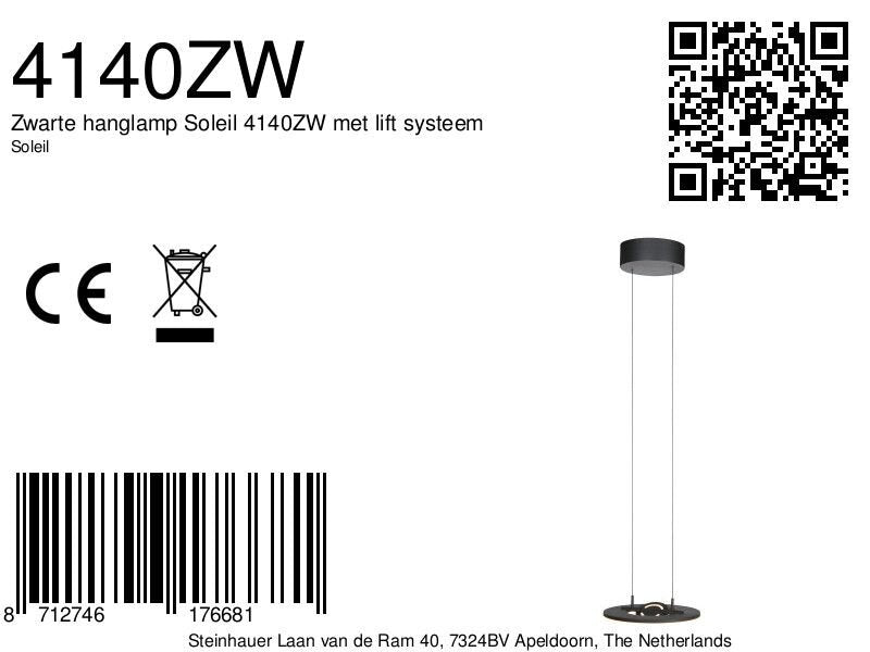 Zwarte hanglamp Soleil 4140ZW met lift systeem