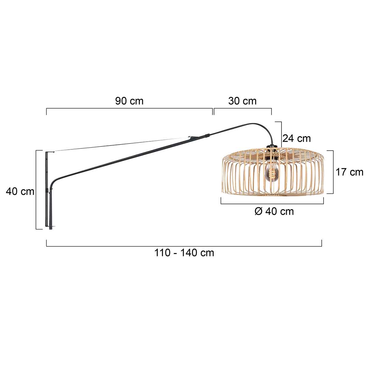Wandlamp Breeza-Beach 4153ZW zwart met bamboe kap Ø50 cm