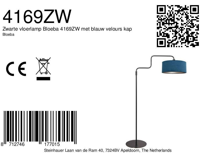 Vloerlamp Bloeba 4169ZW zwart met blauwe velours kap