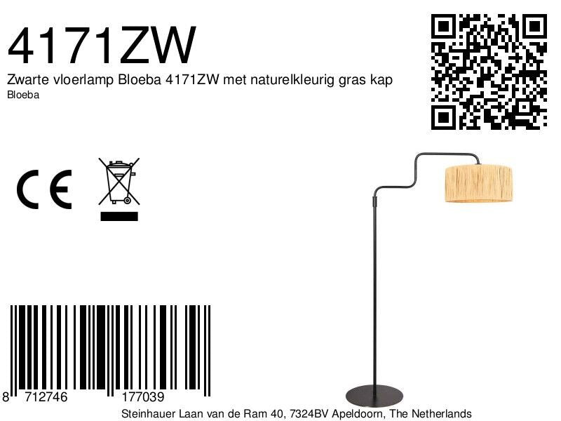 Zwarte vloerlamp Bloeba 4171ZW met naturelkleurig gras kap