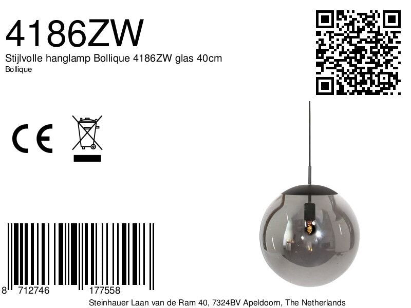 Hanglamp Bollique 4186ZW zwarte lamp met smoke glas Ø40 cm