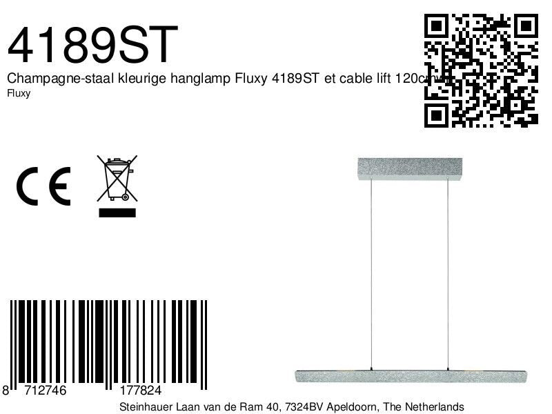 Champagne-staal kleurige hanglamp Fluxy 4189ST et cable lift 120cmwn