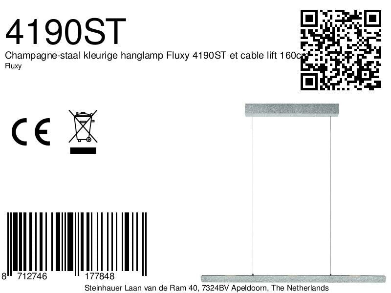 Champagne-staal kleurige hanglamp Fluxy 4190ST et cable lift 160cm