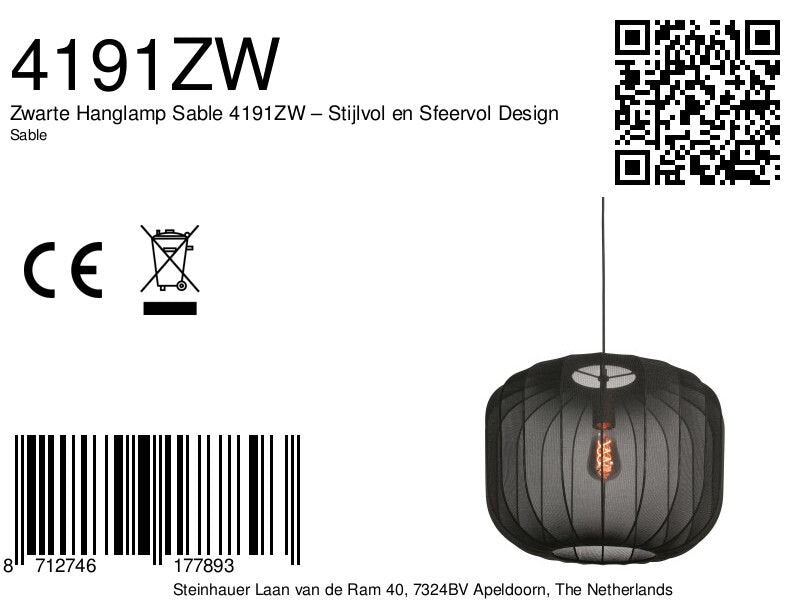 Zwarte Hanglamp Sable 4191ZW – Stijlvol en Sfeervol Design