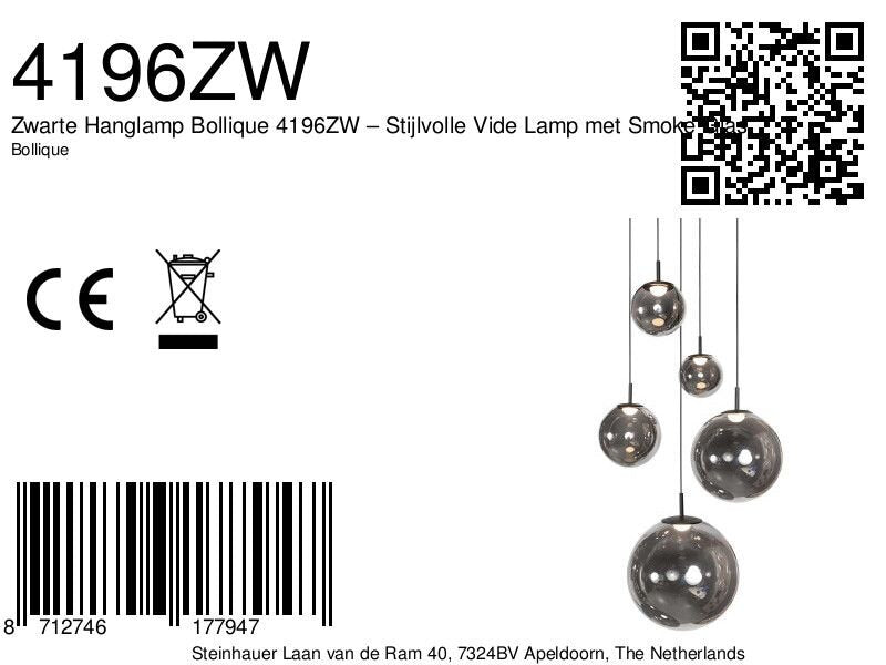 Hanglamp Bollique 4196ZW zwarte vide lamp met smoke glas