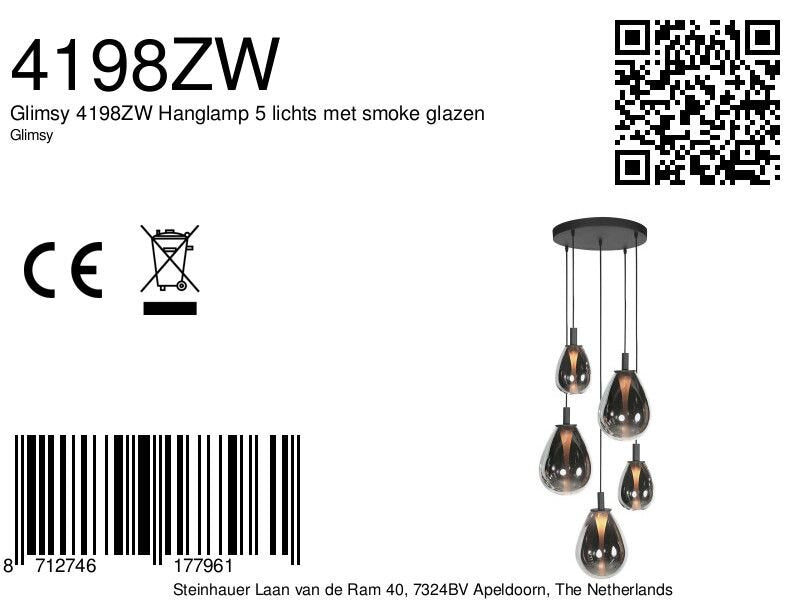 Glimsy 4198ZW Hanglamp 5 lichts met smoke glazen