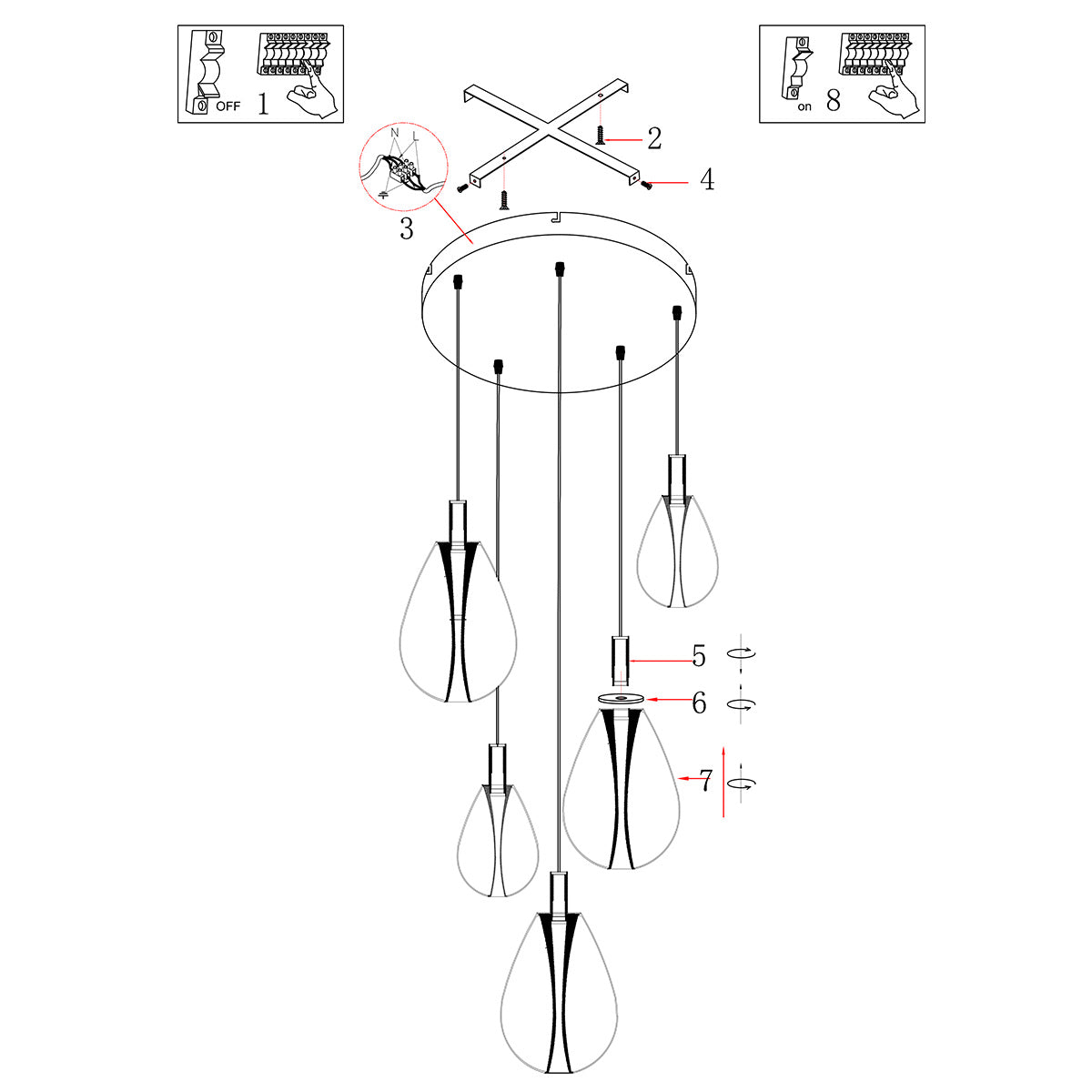 Glimsy 4198ZW Hanglamp 5 lichts met smoke glazen
