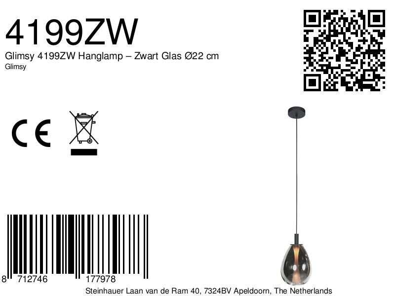 Glimsy 4199ZW Hanglamp – Zwart Glas Ø22 cm