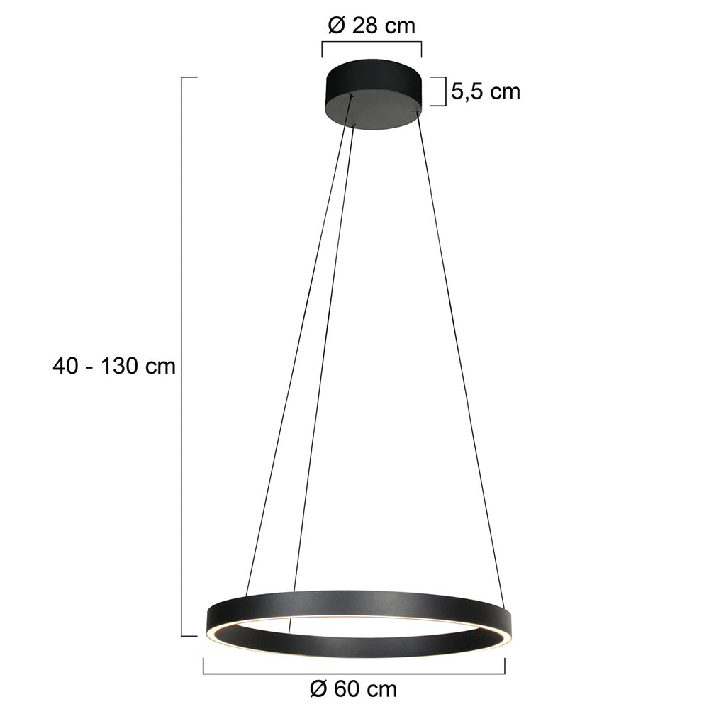 Ronde zwarte hanglamp Mykty 4203ZW – 60 cm diameter, in hoogte verstelbaar met Cable Lift, 7800 lumen