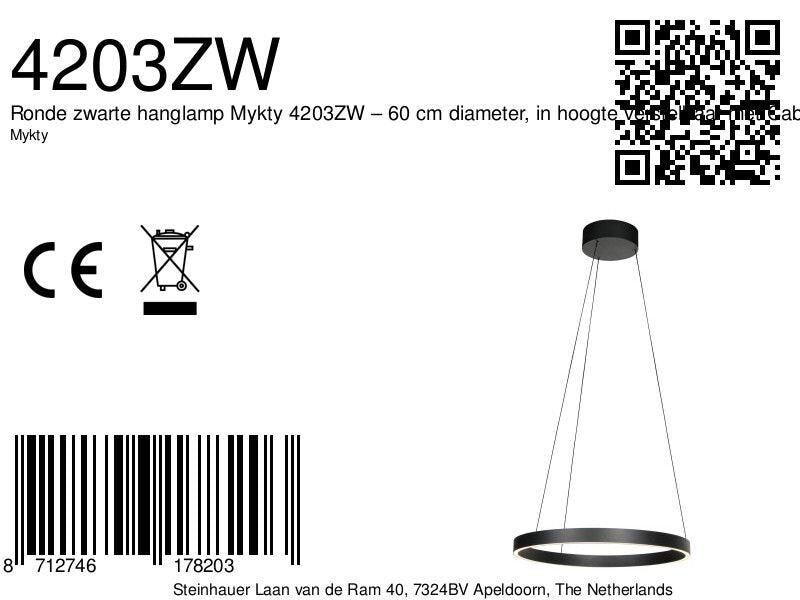 Ronde zwarte hanglamp Mykty 4203ZW – 60 cm diameter, in hoogte verstelbaar met Cable Lift, 7800 lumen