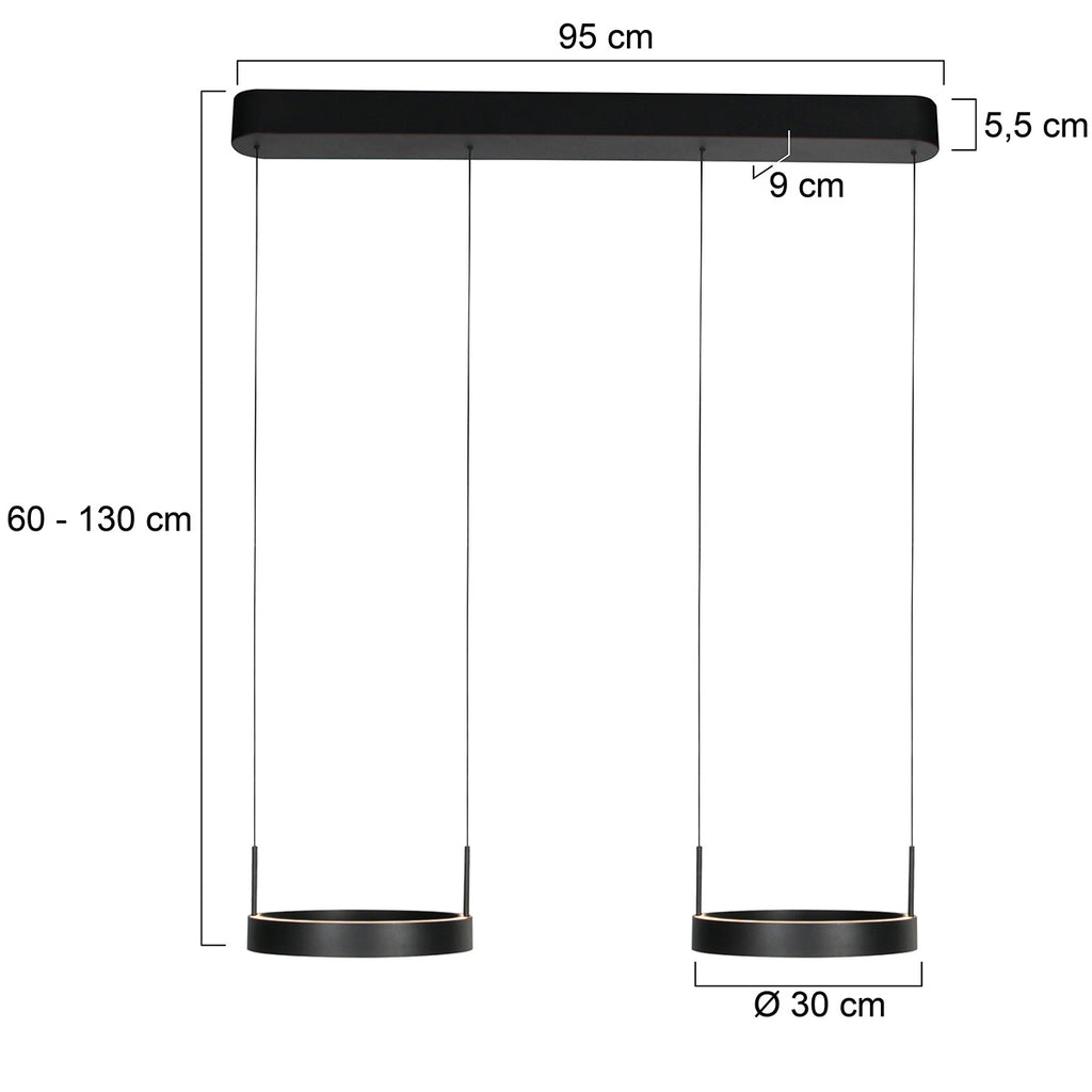 Zwarte hanglamp Mykty 4204 – Twee zwevende cirkels, individueel in hoogte verstelbaar, 6000 lumen, 2700K