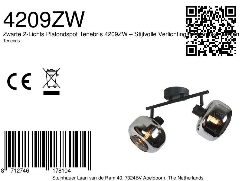 Zwarte 2-Lichts Plafondspot Tenebris 4209ZW – Stijlvolle Verlichting met Smoke Glazen