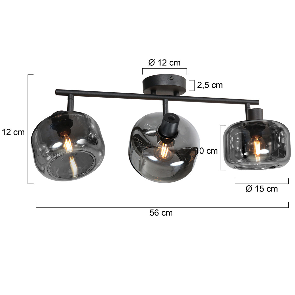 Zwarte 3-Lichts Plafondspot Tenebris 4210ZW – Stijlvolle Verlichting met Smoke Glas