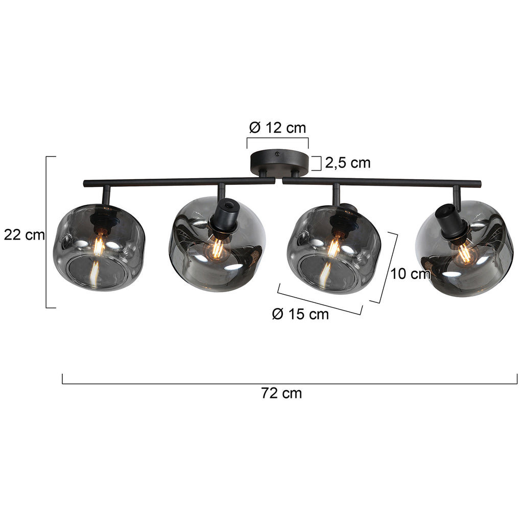 Zwarte 4-Lichts Plafondspot Tenebris 4211ZW – Stijlvolle Verlichting met Smoke Glas