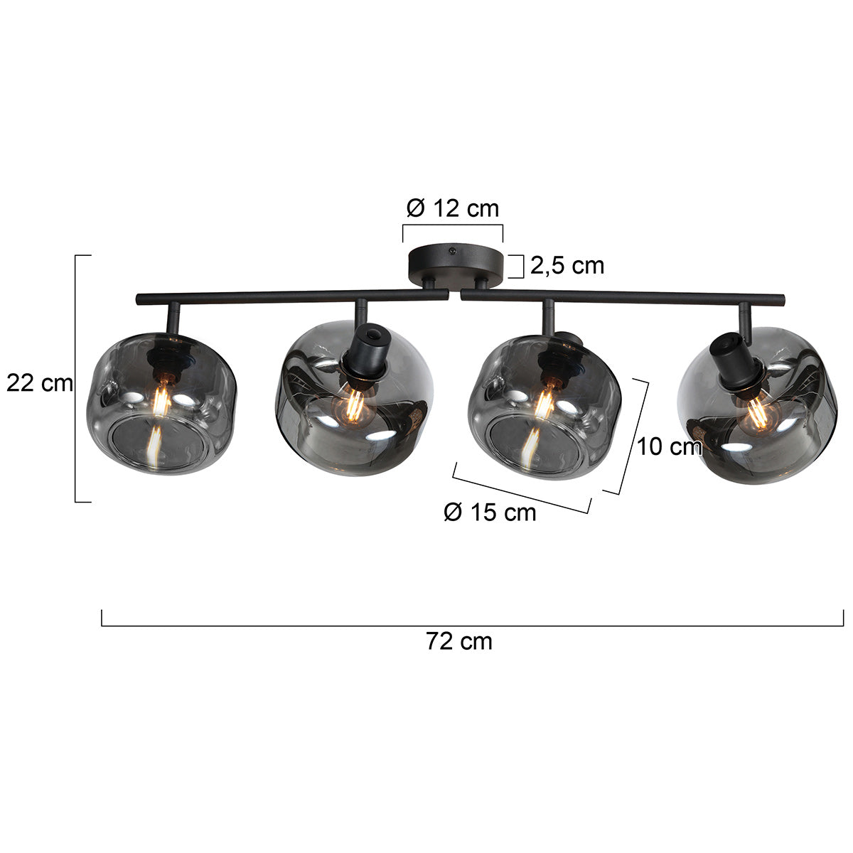 Zwarte 4-Lichts Plafondspot Tenebris 4211ZW – Stijlvolle Verlichting met Smoke Glas