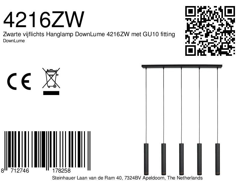 Zwarte vijflichts Hanglamp DownLume 4216ZW met GU10 fitting