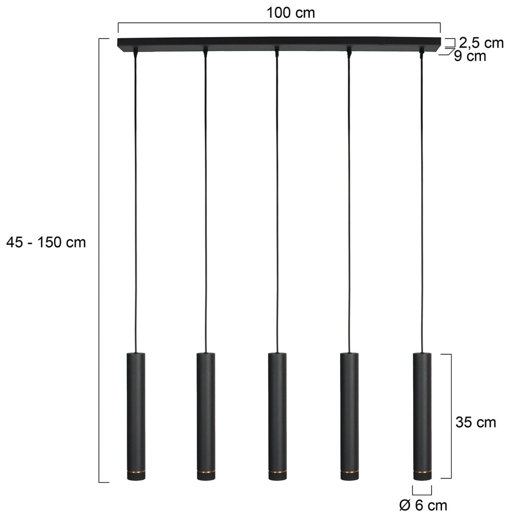 Zwarte vijflichts Hanglamp DownLume 4216ZW met GU10 fitting