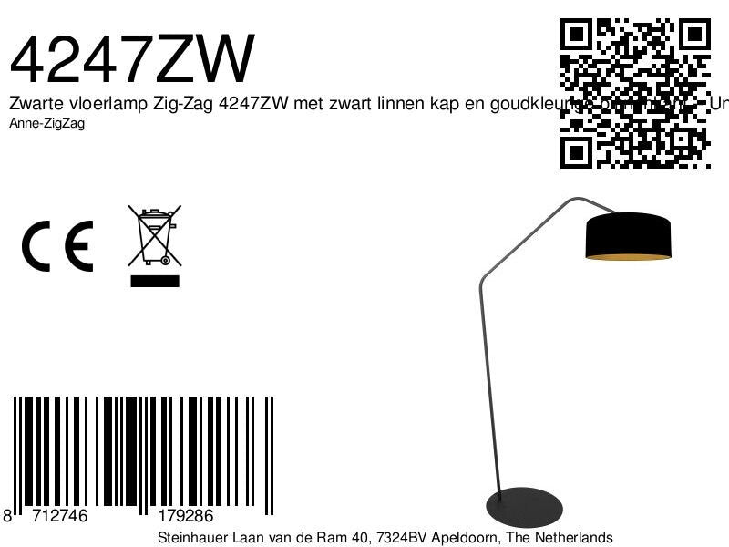 Zwarte vloerlamp Zig-Zag 4247ZW met zwart linnen kap en goudkleurige binnenkant – Uniek design en functioneel gebruik