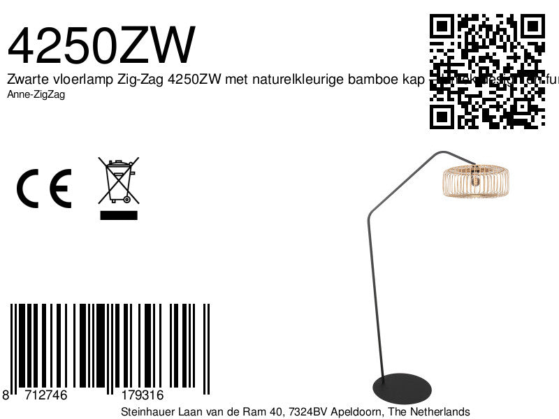 Zwarte vloerlamp Zig-Zag 4250ZW met naturelkleurige bamboe kap