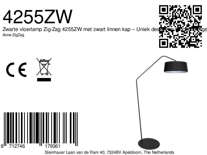 Zwarte vloerlamp Zig-Zag 4255ZW met zwart linnen kap – Uniek design en functioneel gebruik