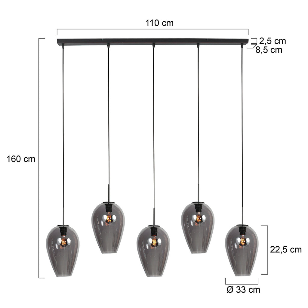 Hanglamp Drovia 4284ZW  met smoke glazen, subtiel speels design