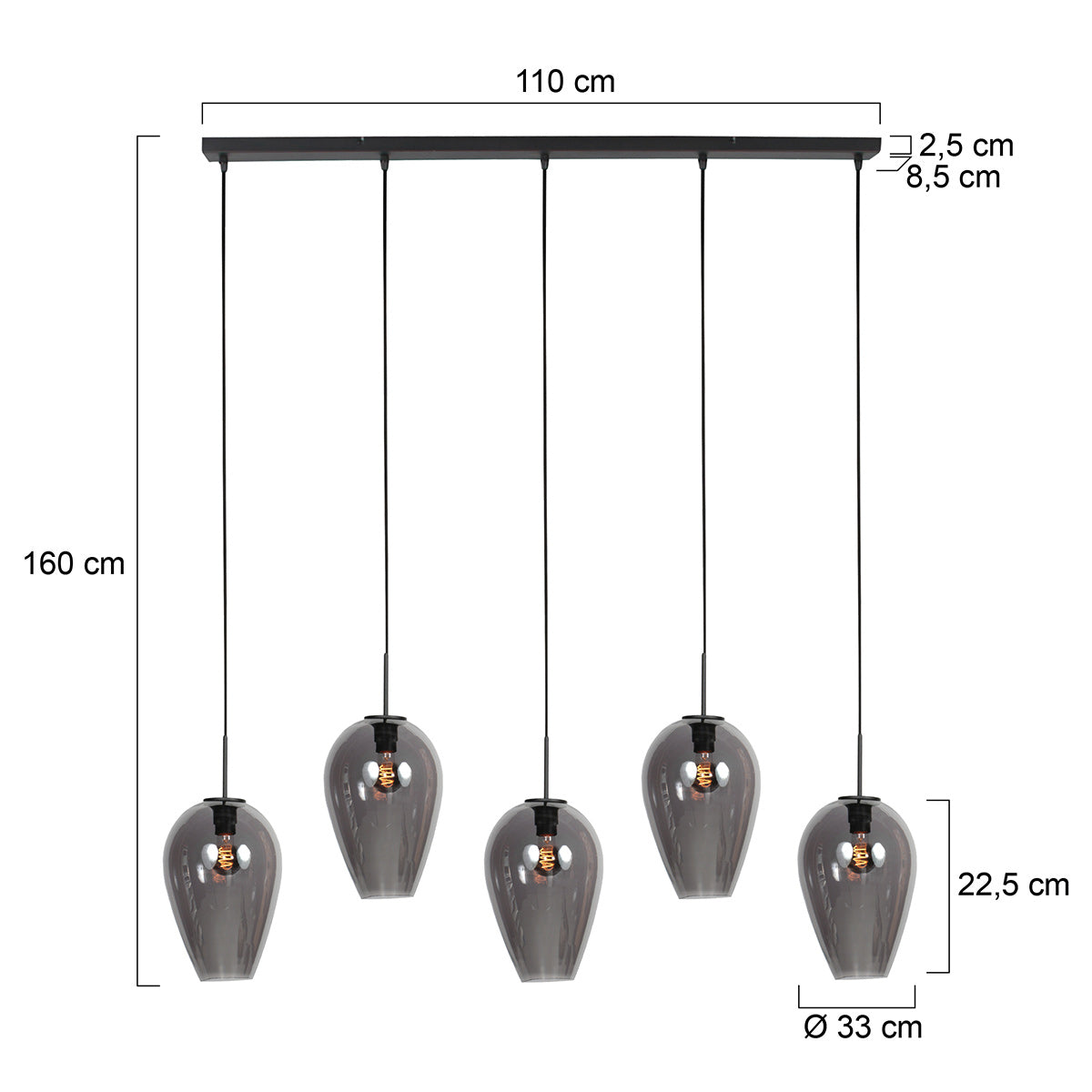 Hanglamp Drovia 4284ZW  met smoke glazen, subtiel speels design