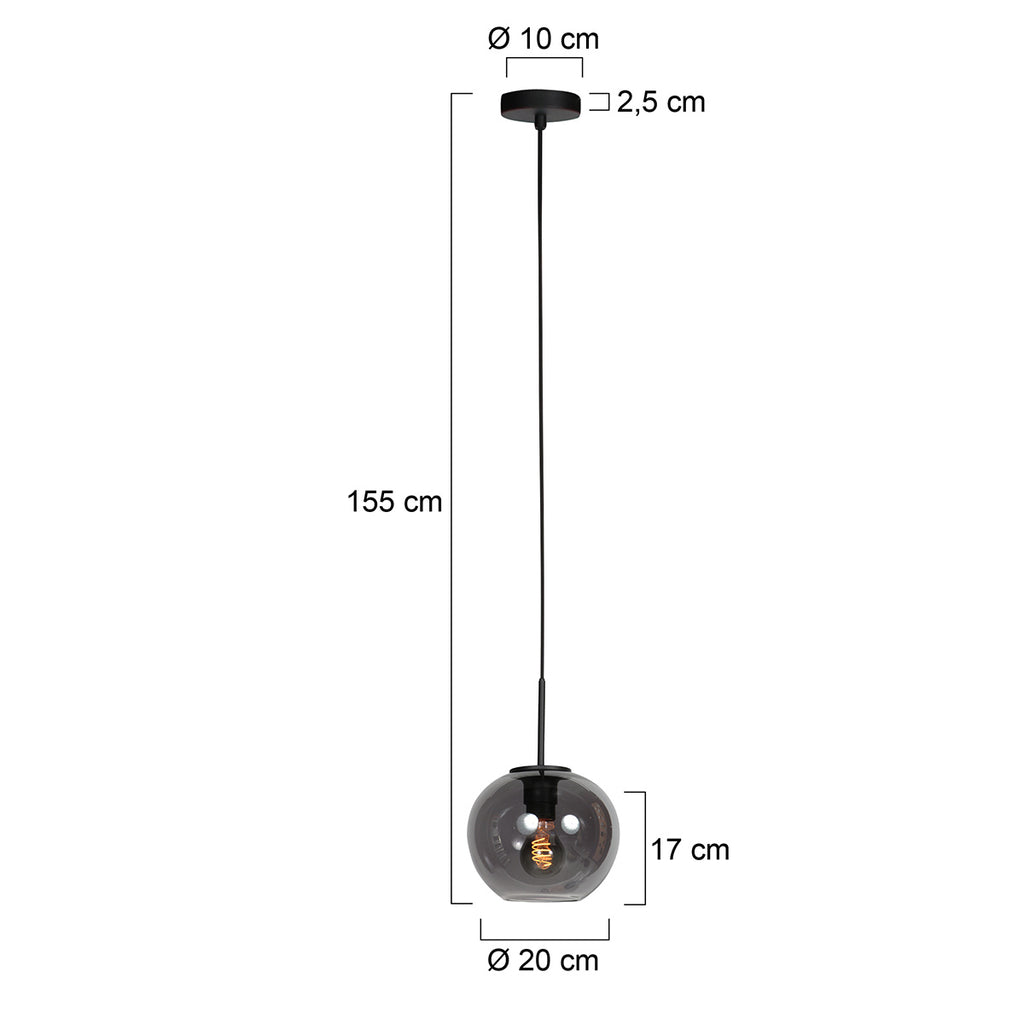 Sferio 4292ZW – Zwarte hanglamp met bolvormig smoke glas van Ø20 cm