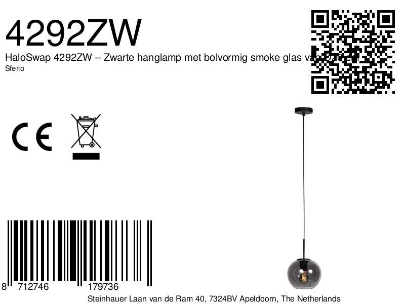 Sferio 4292ZW – Zwarte hanglamp met bolvormig smoke glas van Ø20 cm