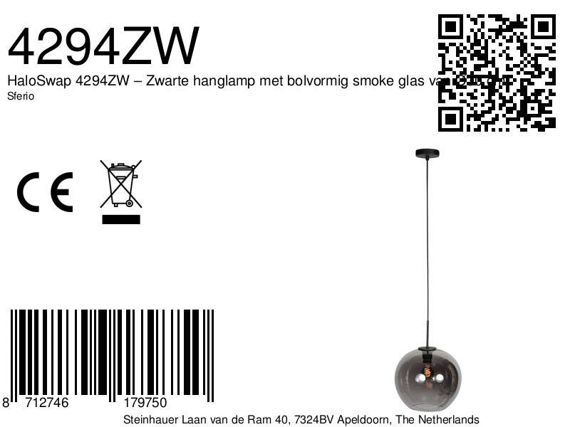 Sferio 4294ZW hanglamp met bolvormig smoke glas van Ø25 cm