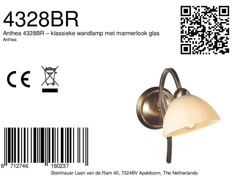 Anthea 4328BR – klassieke wandlamp met marmerlook glas