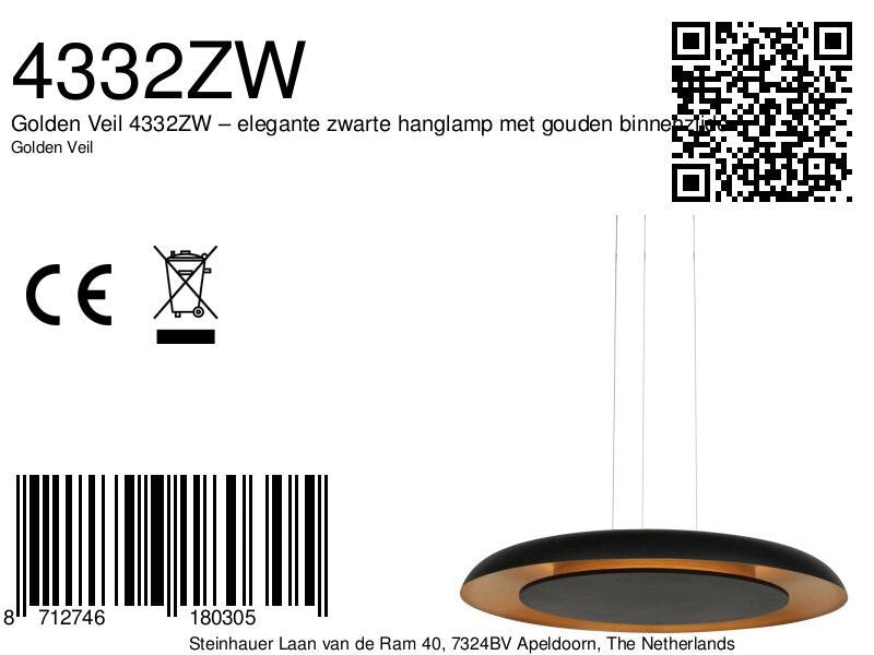 Hanglamp Golden Veil zwart met gouden binnenzijde, LED 48 W (4332ZW)