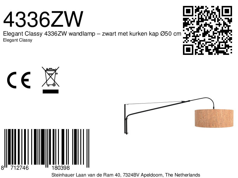 Wandlamp Elegant Classy 4336ZW zwart met beige kurk kap Ø50 cm