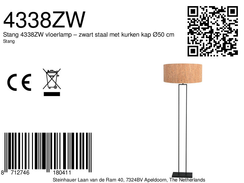 Zwarte vloerlamp Stang 4338ZW met beige kurk kap Ø50