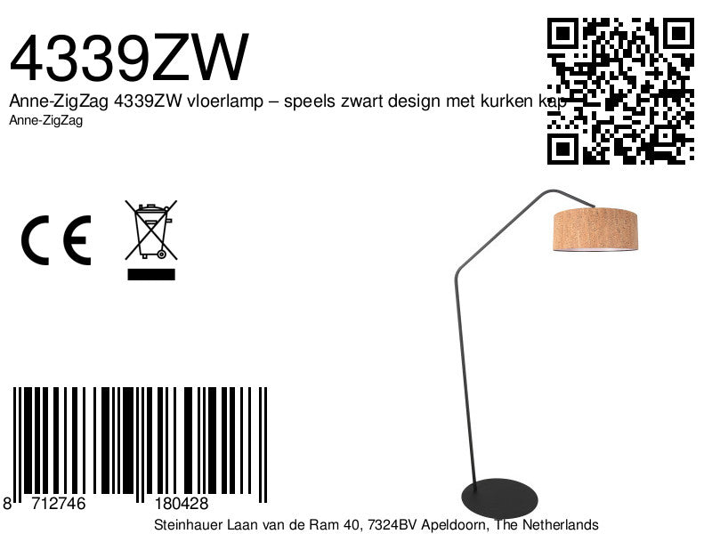 Zwarte vloerlamp Zig Zag 4339ZW – speels zwart design met kurken kap
