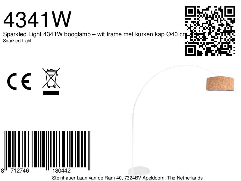 Booglamp Sparkled Light 4341W wit met beige kurkstructuur kap