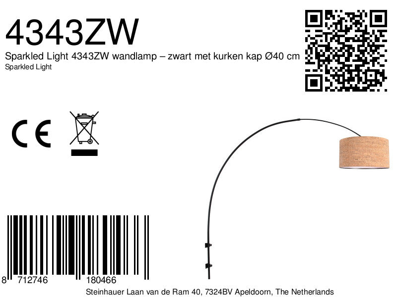 Boog wandlamp Sparkled Light 4343ZW zwart met beige kurkstructuur kap