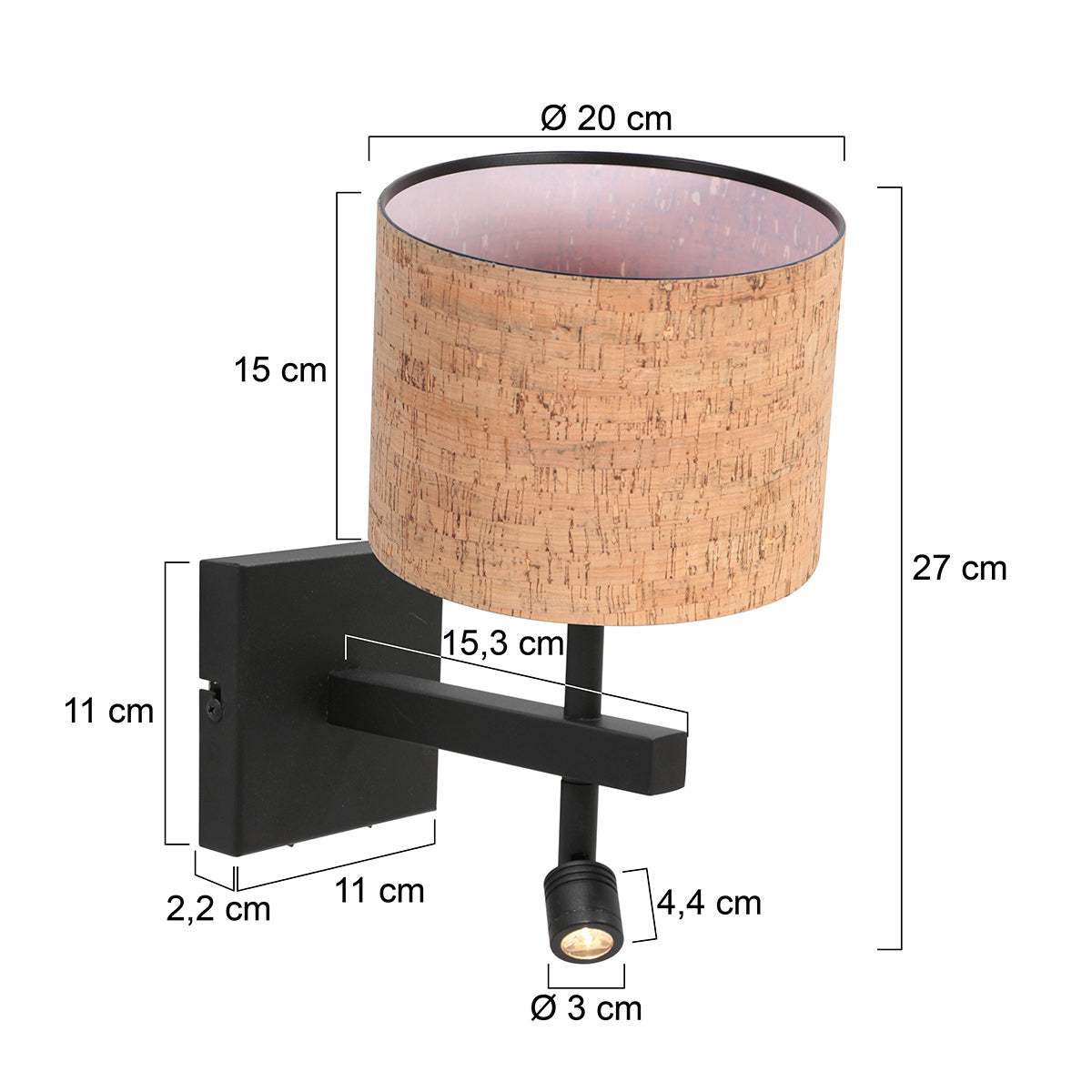 Wandlamp Stang 4350ZW met kurk kap voor sfeervol leeslicht