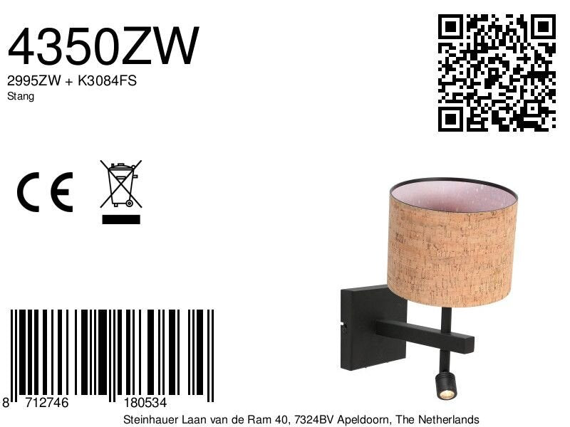 Wandlamp Stang 4350ZW met kurk kap voor sfeervol leeslicht