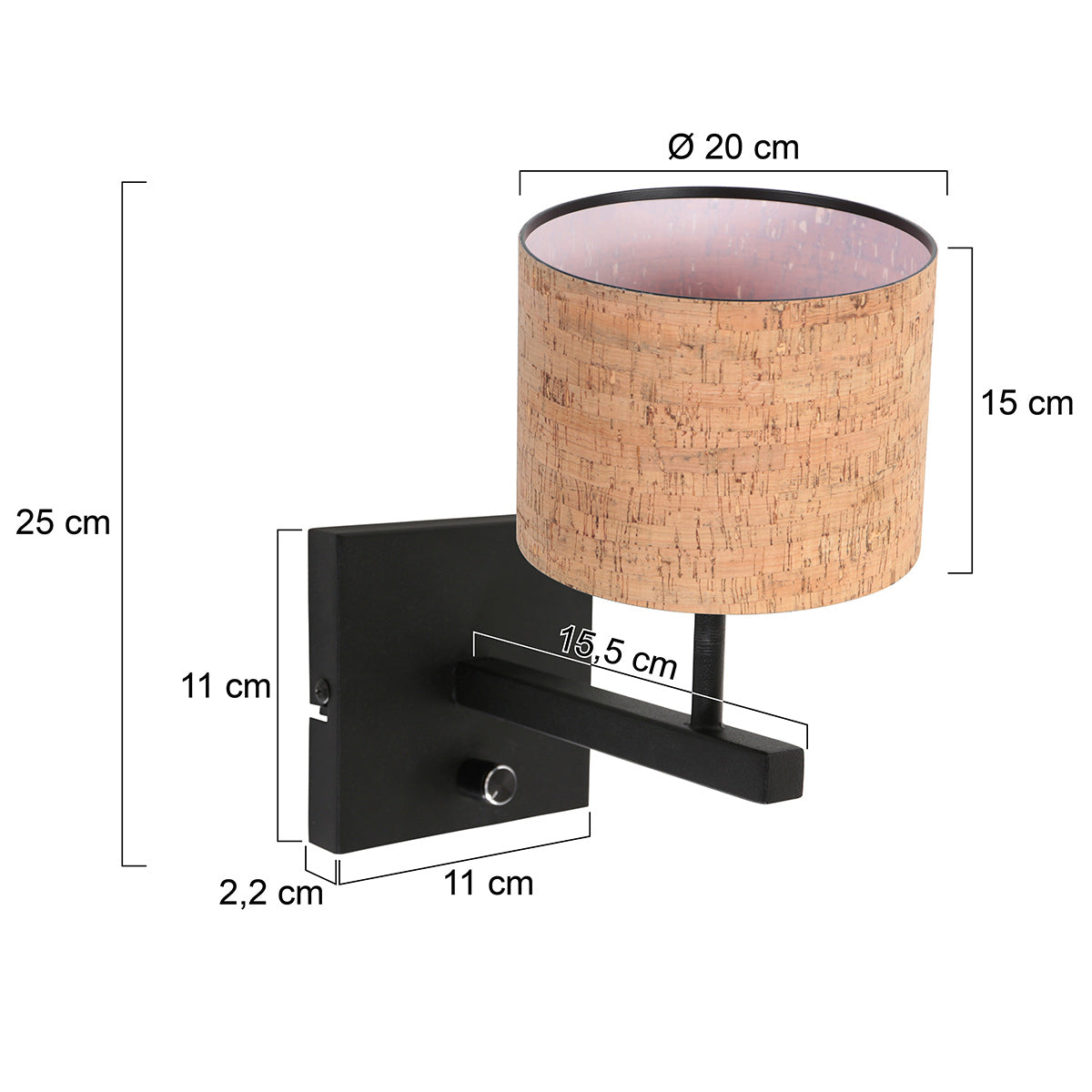 Wandlamp Stang 4352ZW met kurk kap voor warme sfeer
