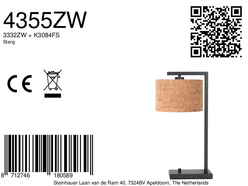 Zwarte tafellamp Stang 4355ZW met beige kurkstructuur kap