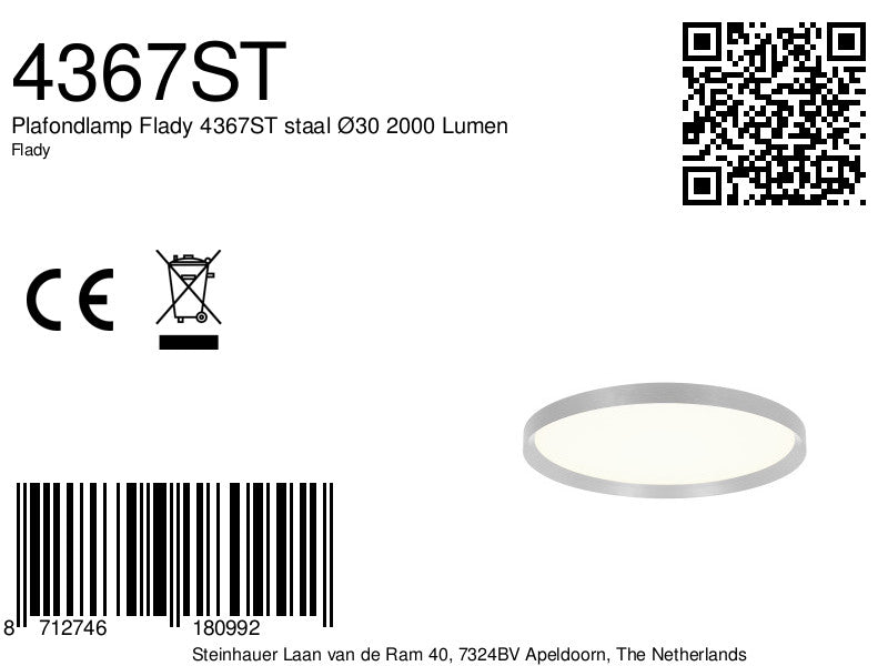 Plafondlamp Flady 4367ST stalen LED lamp Ø30 cm met uplight
