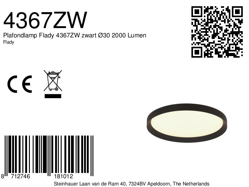 Plafondlamp Flady 4367ZW zwarte LED lamp Ø30 cm met uplight