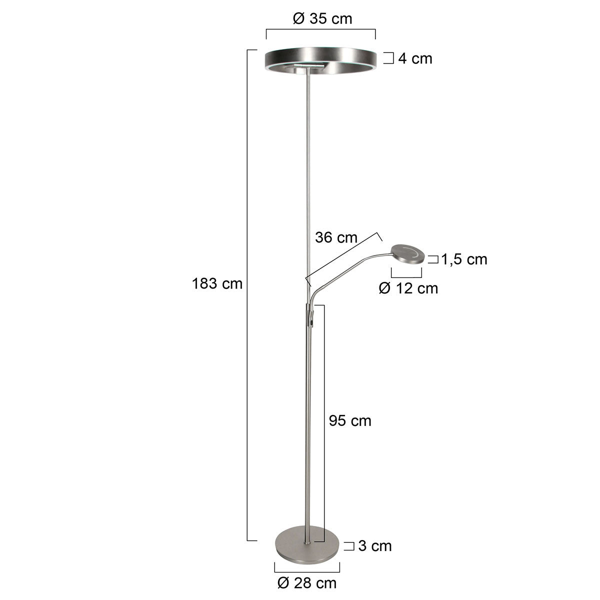 Soleil 2 4388ST – Stalen vloerlamp met uplight en leesarm