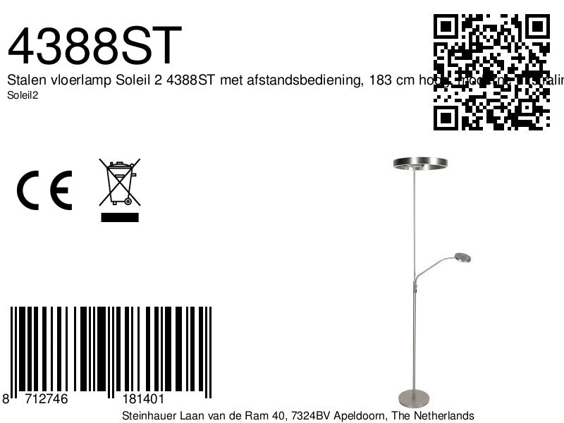 Soleil 2 4388ST – Stalen vloerlamp met uplight en leesarm