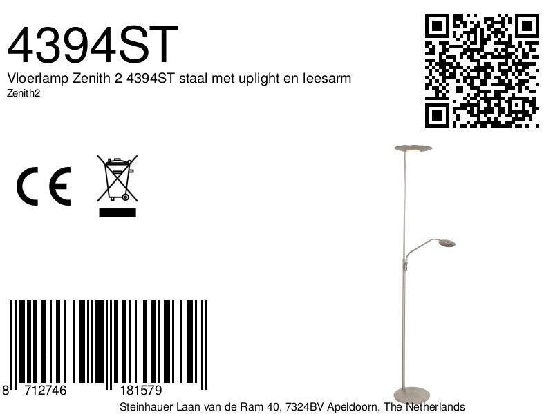 Vloerlamp Zenith 2 4394ST staal met uplight en leesarm