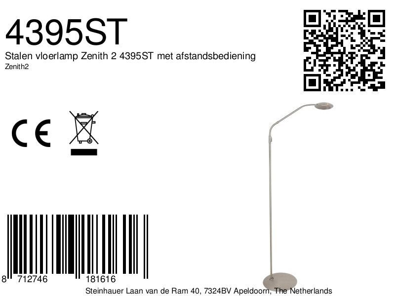 Stalen vloerlamp Zenith 2 4395ST met afstandsbediening