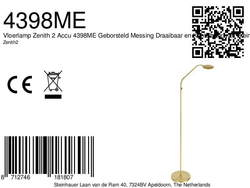 Vloerlamp Zenith 2 accu 4398ME geborsteld messing met flexarm