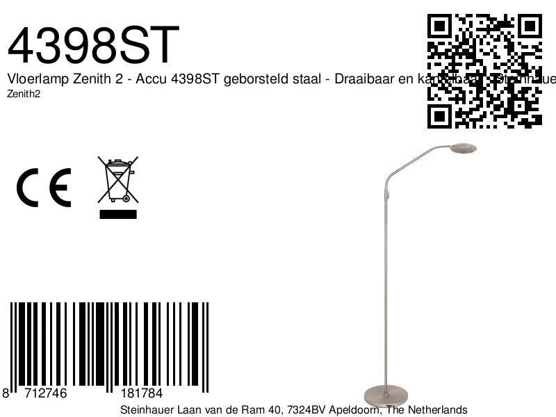 Vloerlamp Zenith 2 accu 4398ST geborsteld staal met flexarm