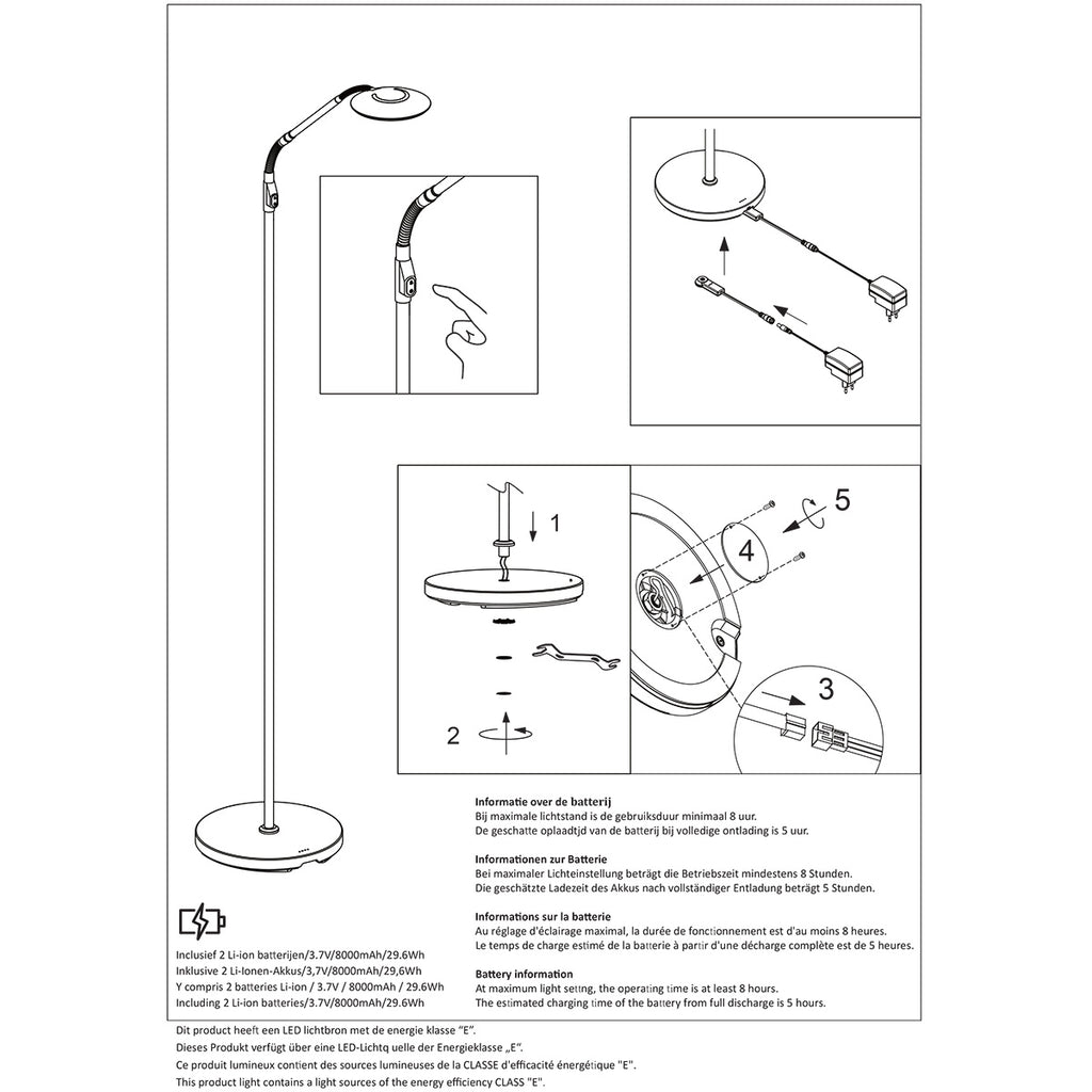 Vloerlamp Zenith 2 accu 4398ST geborsteld staal met flexarm