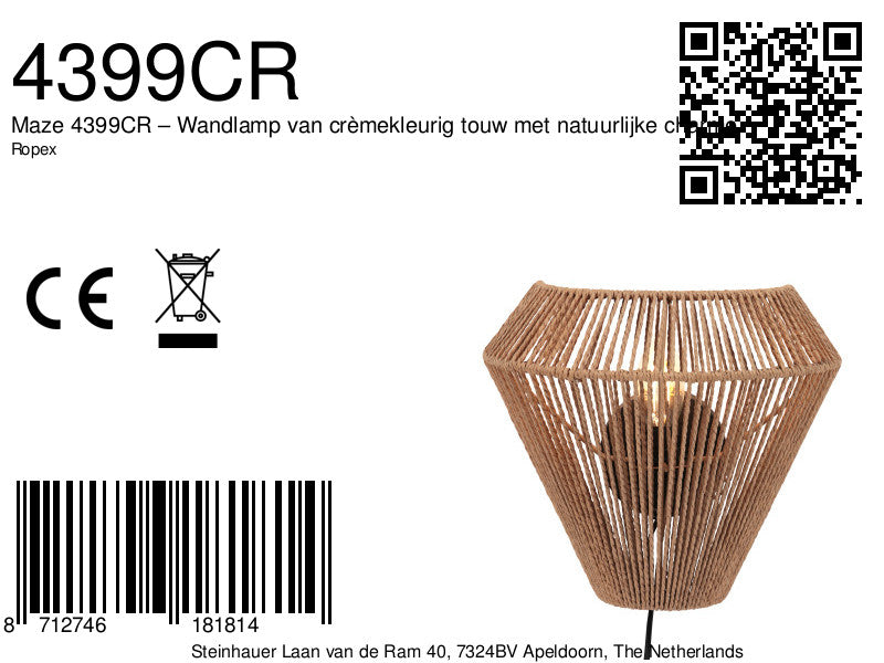 Maze 4399CR – Wandlamp van crèmekleurig touw met natuurlijke charme